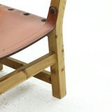 Brutalist Armchair in Pine and Cognac Leather 1960s