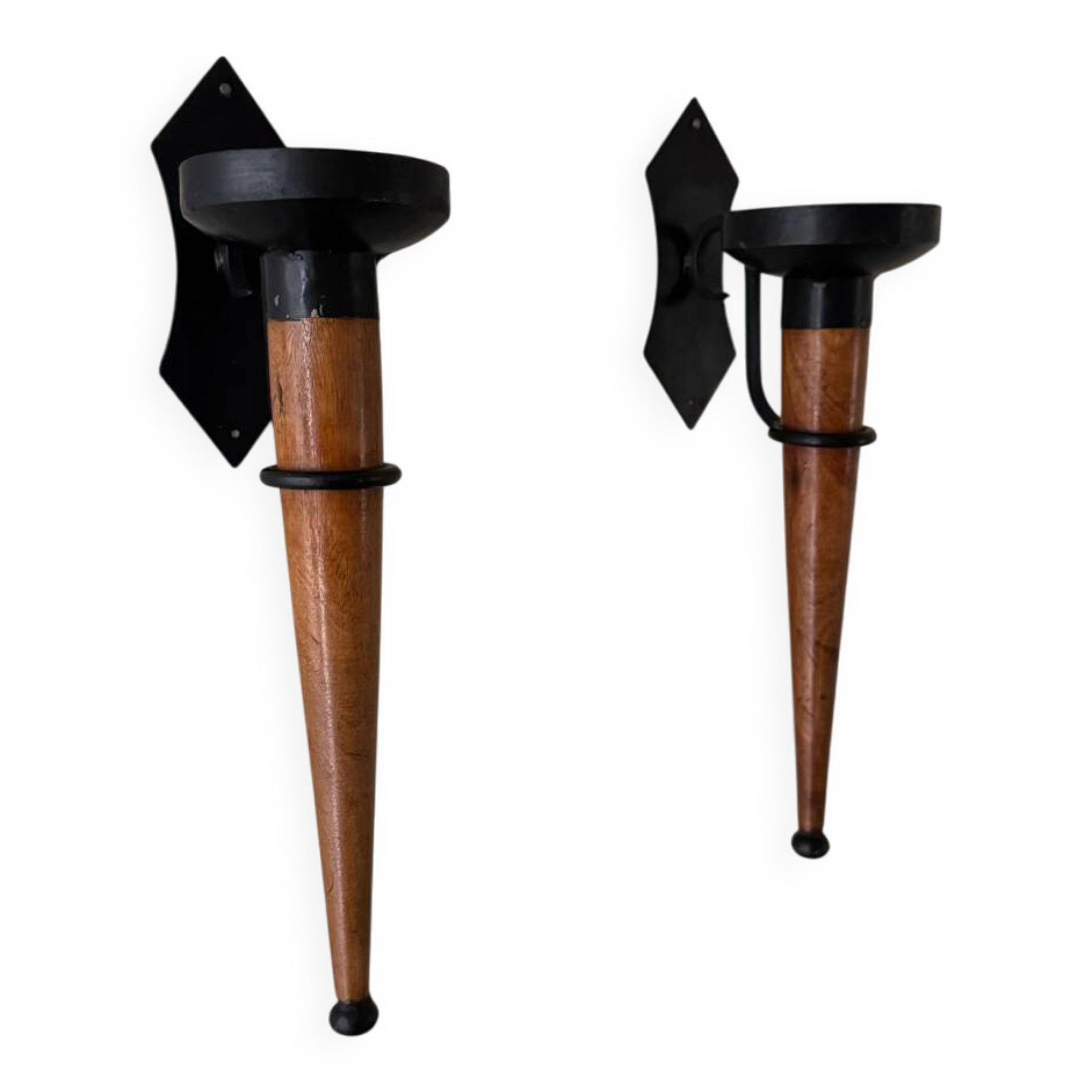 Large 2 Piece Vintage Modernist Iron and Wooden Candle Holders