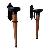 Large set of vintage modernist candle holders in iron and wood, in 2 pieces.
