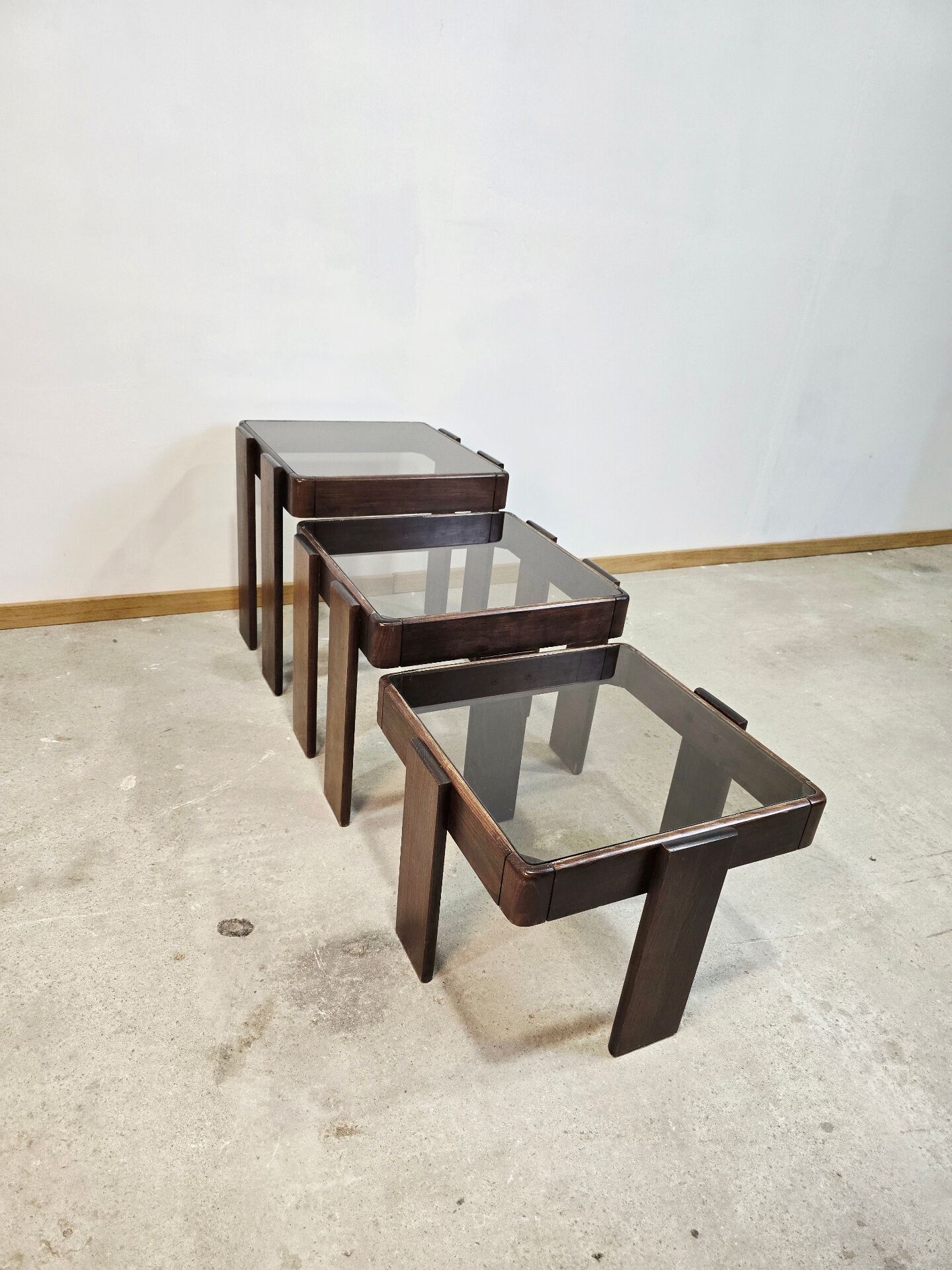 1970s Meblo Frattini Nesting Tables with Smoked Glass