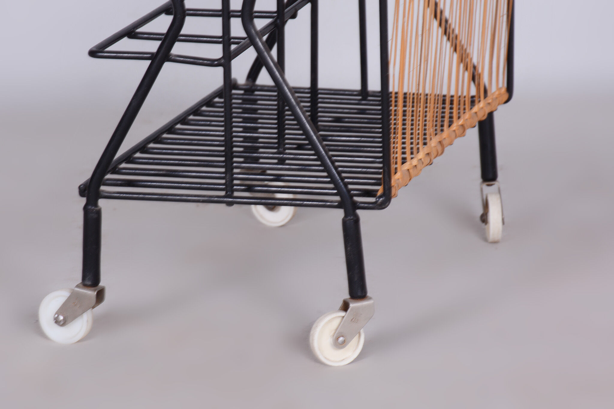 Original midcentury side table, metal, rattan, scandinavia, 1960s