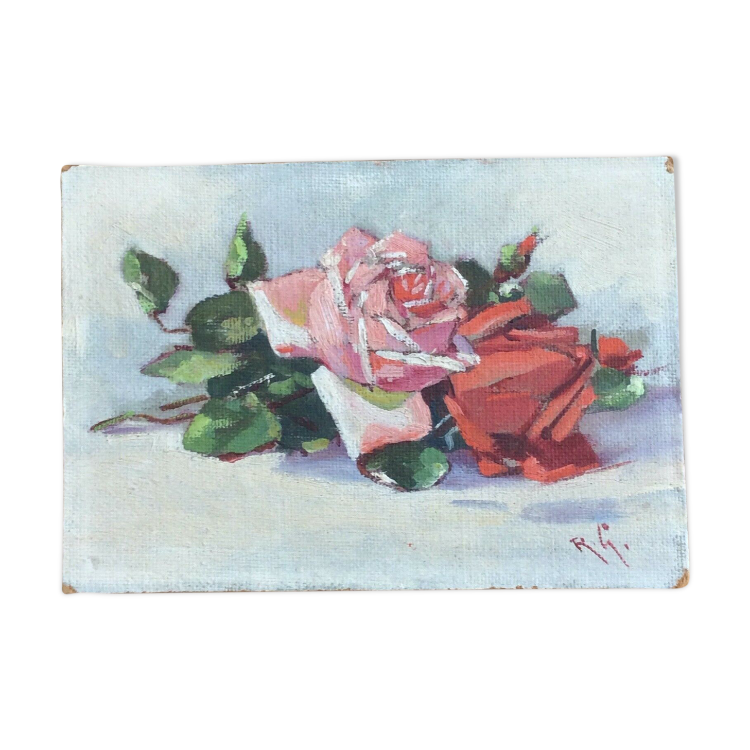 Painting Painting Oil on Panel Signed RG Bouquet of Roses Mid-20th