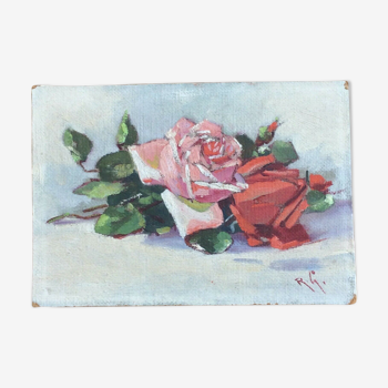 Tableau Peinture Huile sur Panneau Signé RG Bouquet de Roses Milieu XXème