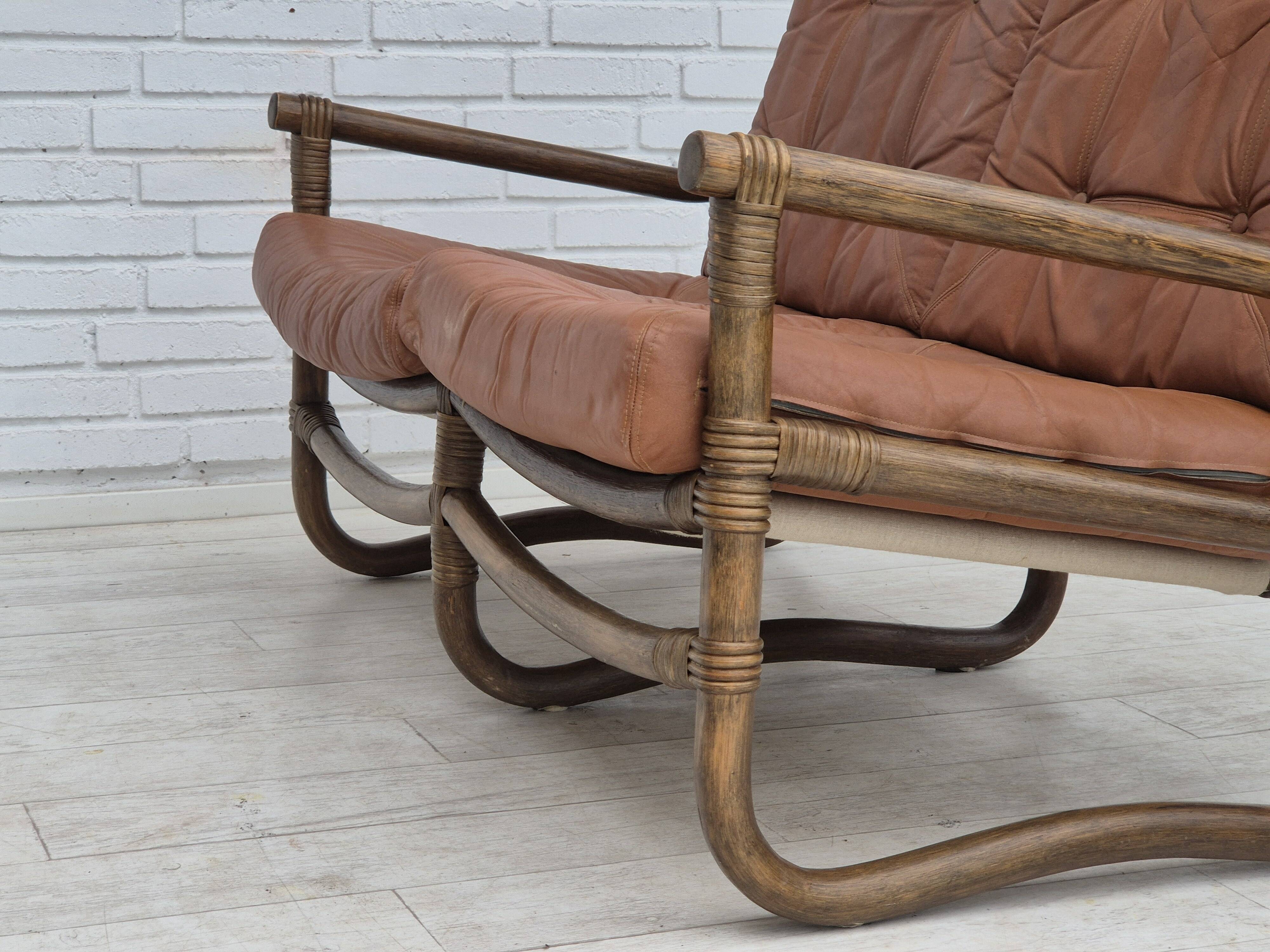 1970s, Scandinavian 2 seater sofa, original very good condition, bamboo, leather.