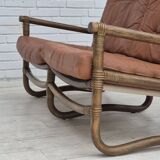 1970s, Scandinavian 2 seater sofa, original very good condition, bamboo, leather.