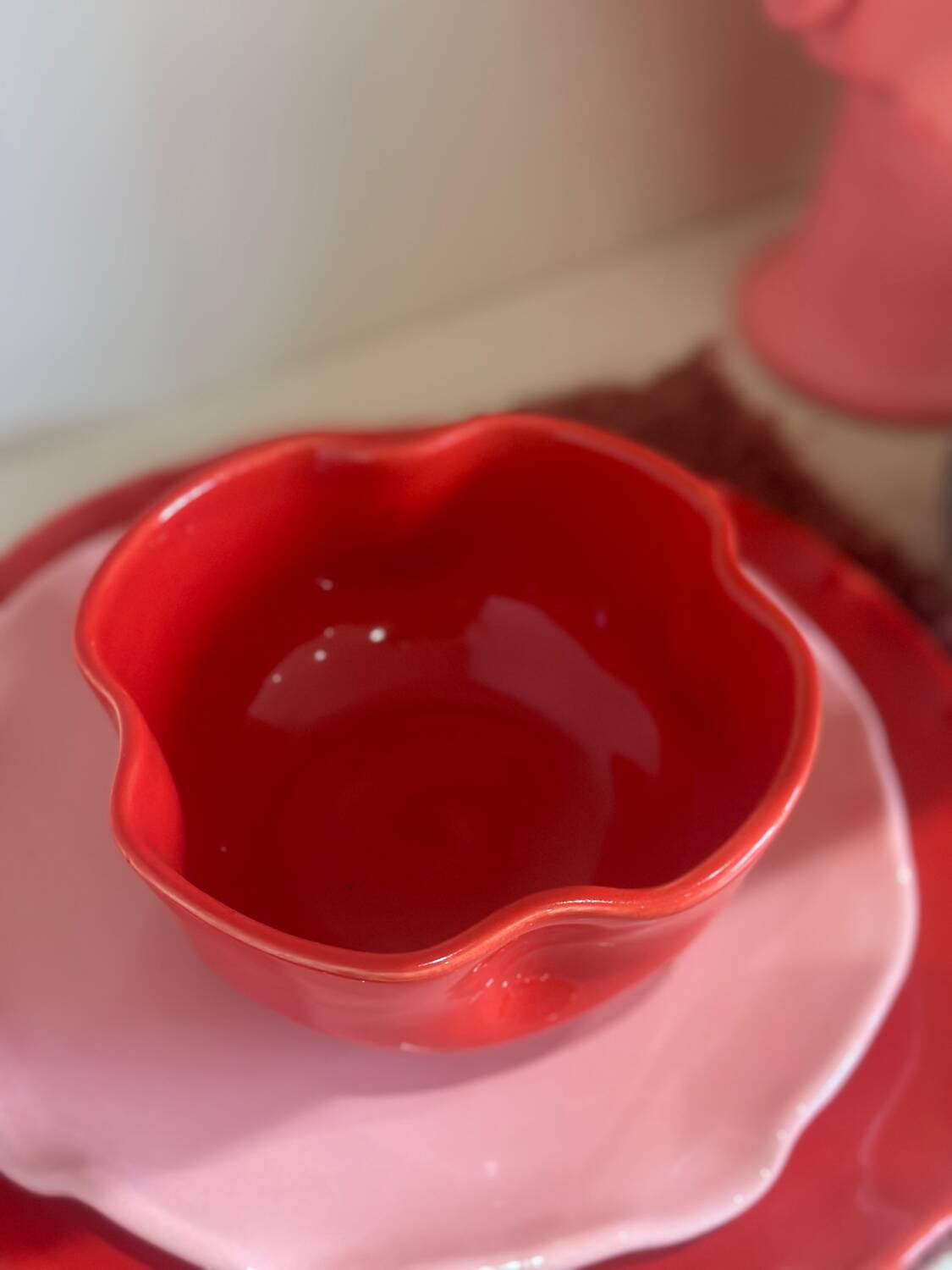Handmade enameled ceramic bowl with red poppy clover flower