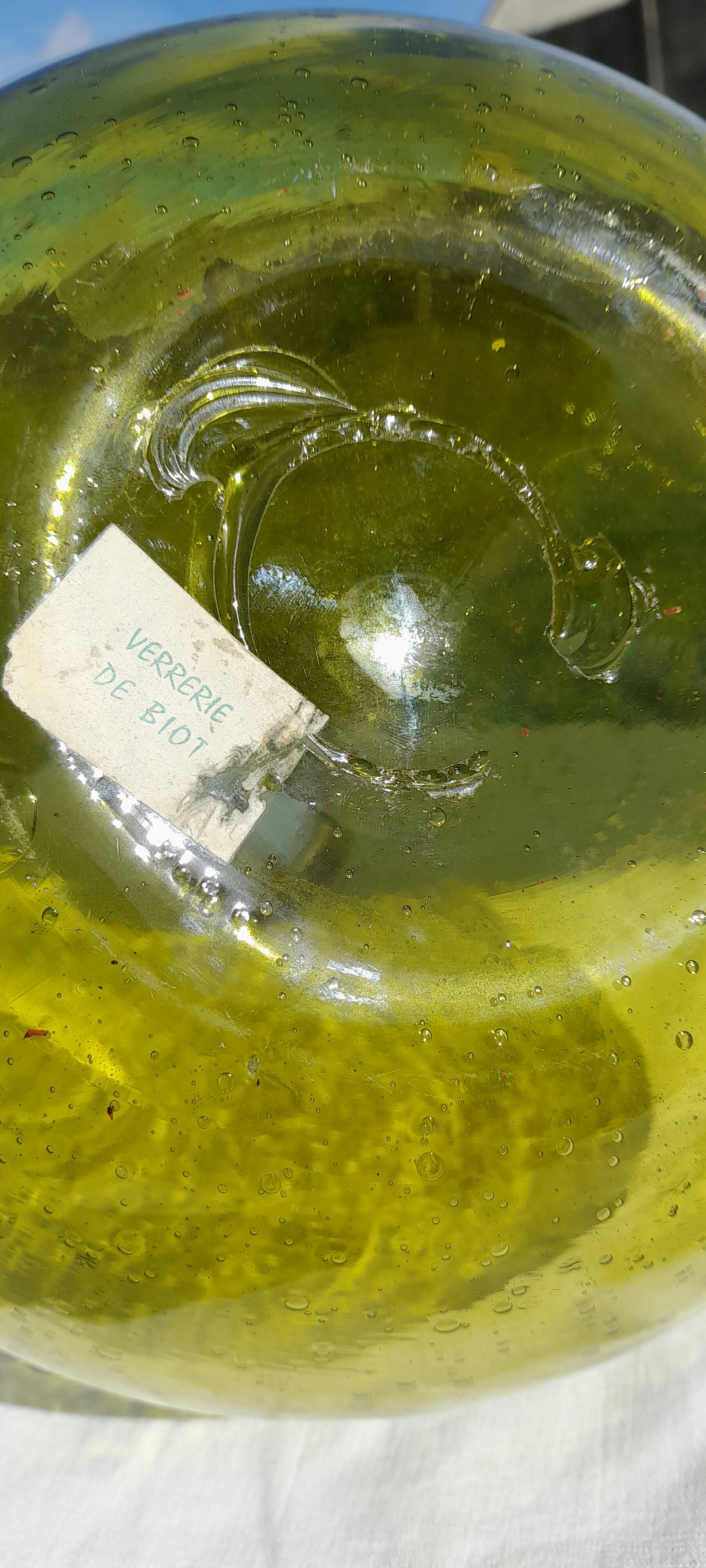 Dame Jeanne en verre bullé verrerie  de Biot vert H 39 cm