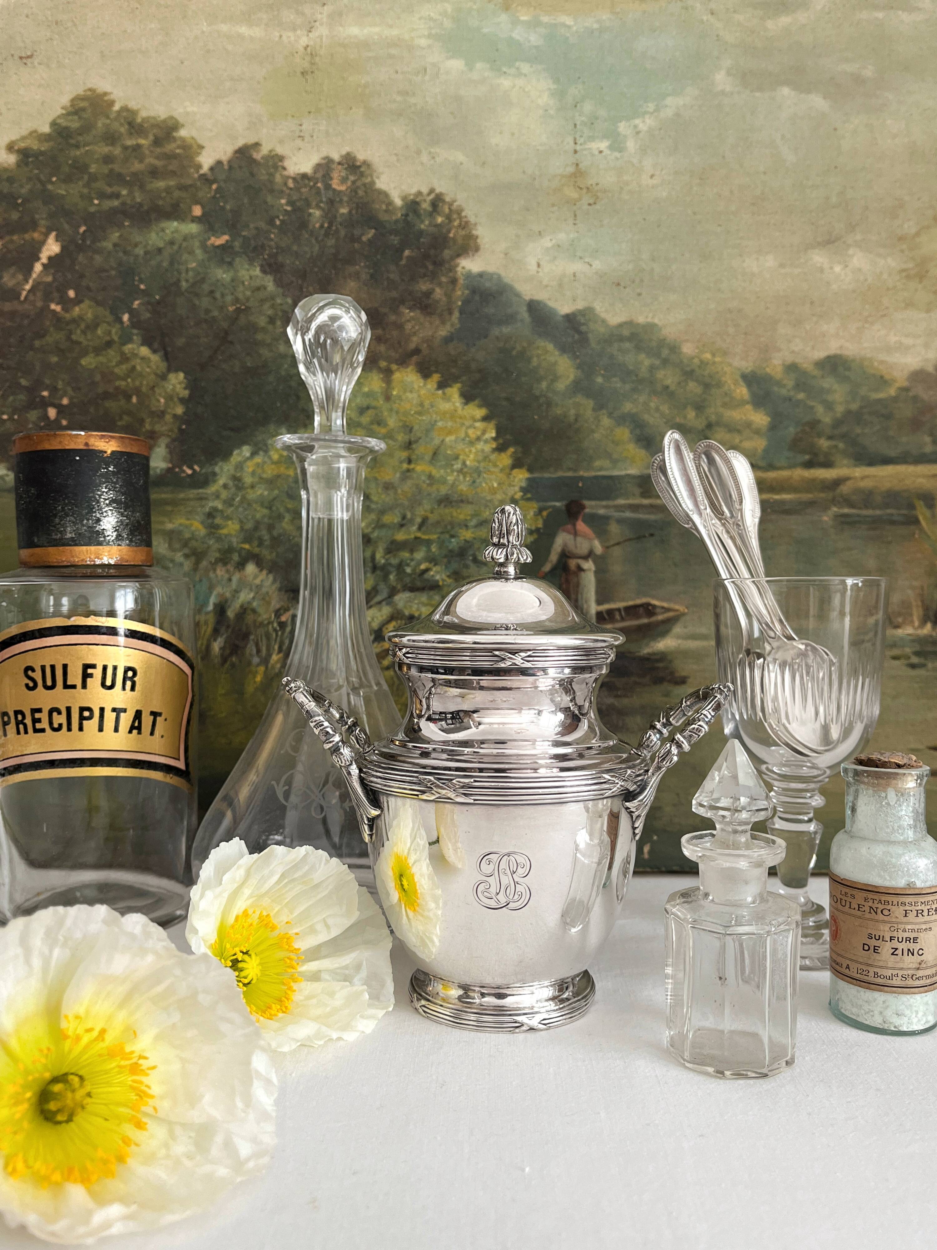 Antique monogrammed silver-plated metal sugar bowl