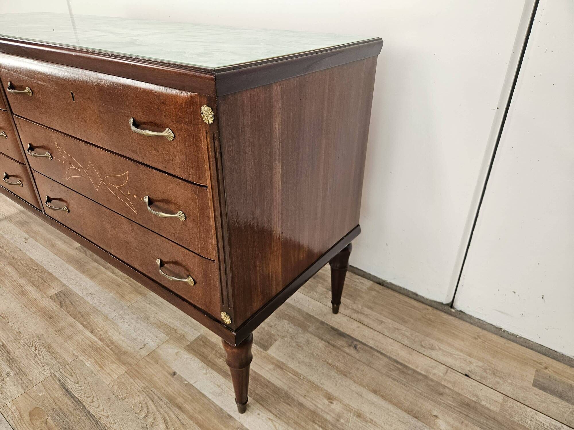 Vintage six-drawer oak chest of drawers with glass top, 1960