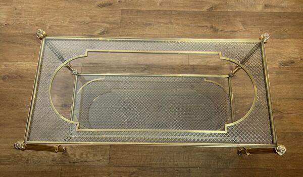 Table basse Maison Jansen en bronze, laiton, treillis d'acier et verre, France