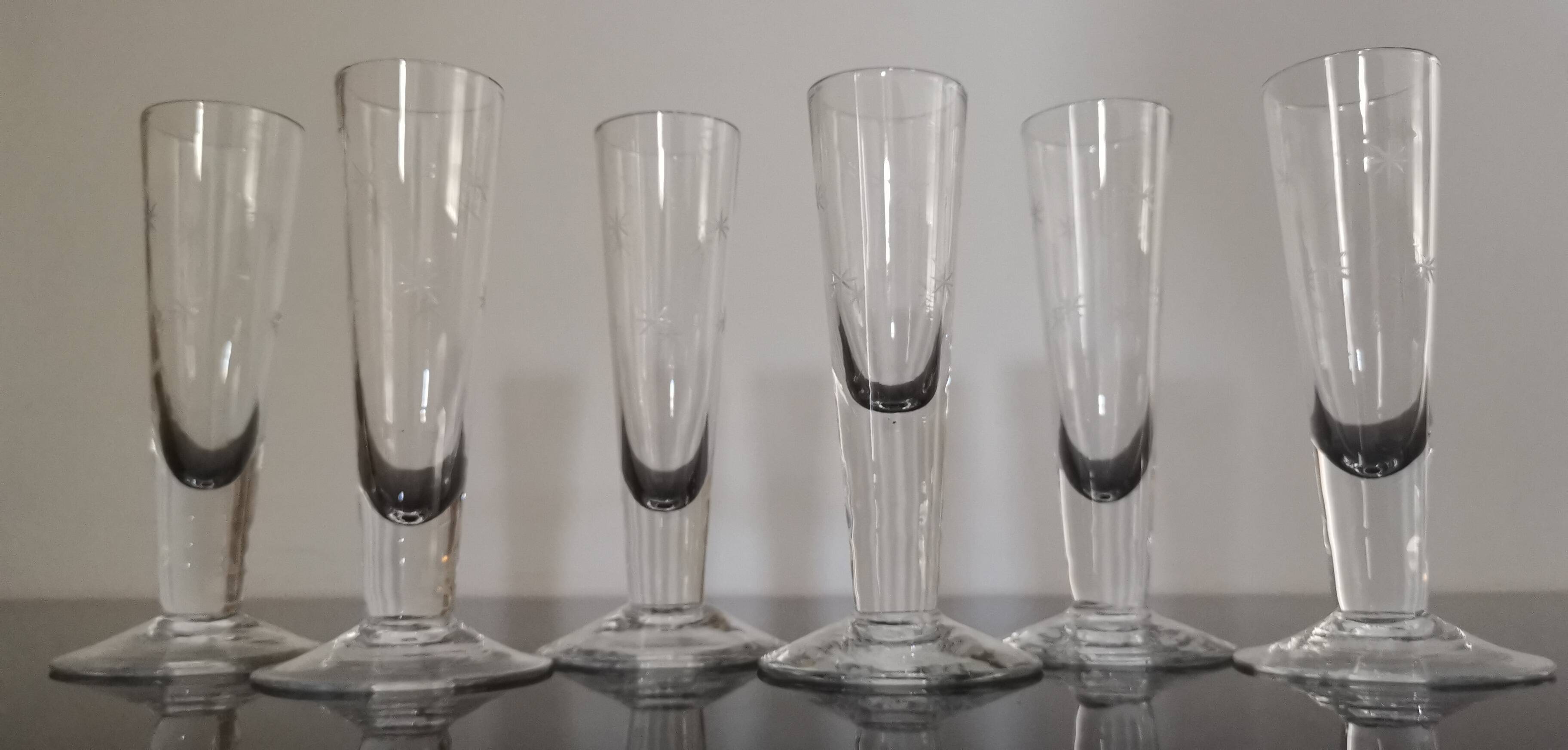 6 small antique hand-blown crystal flutes