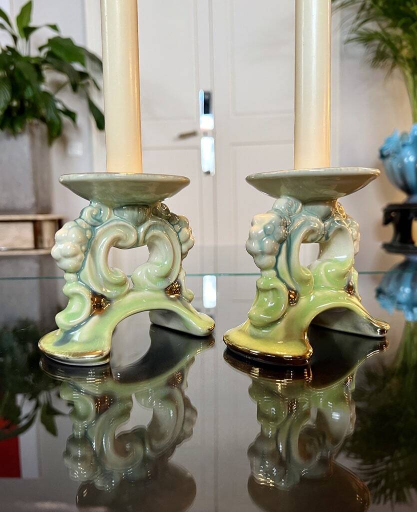Paire de bougeoirs vintage - faïence céramique verte et bleue - bougies décoration