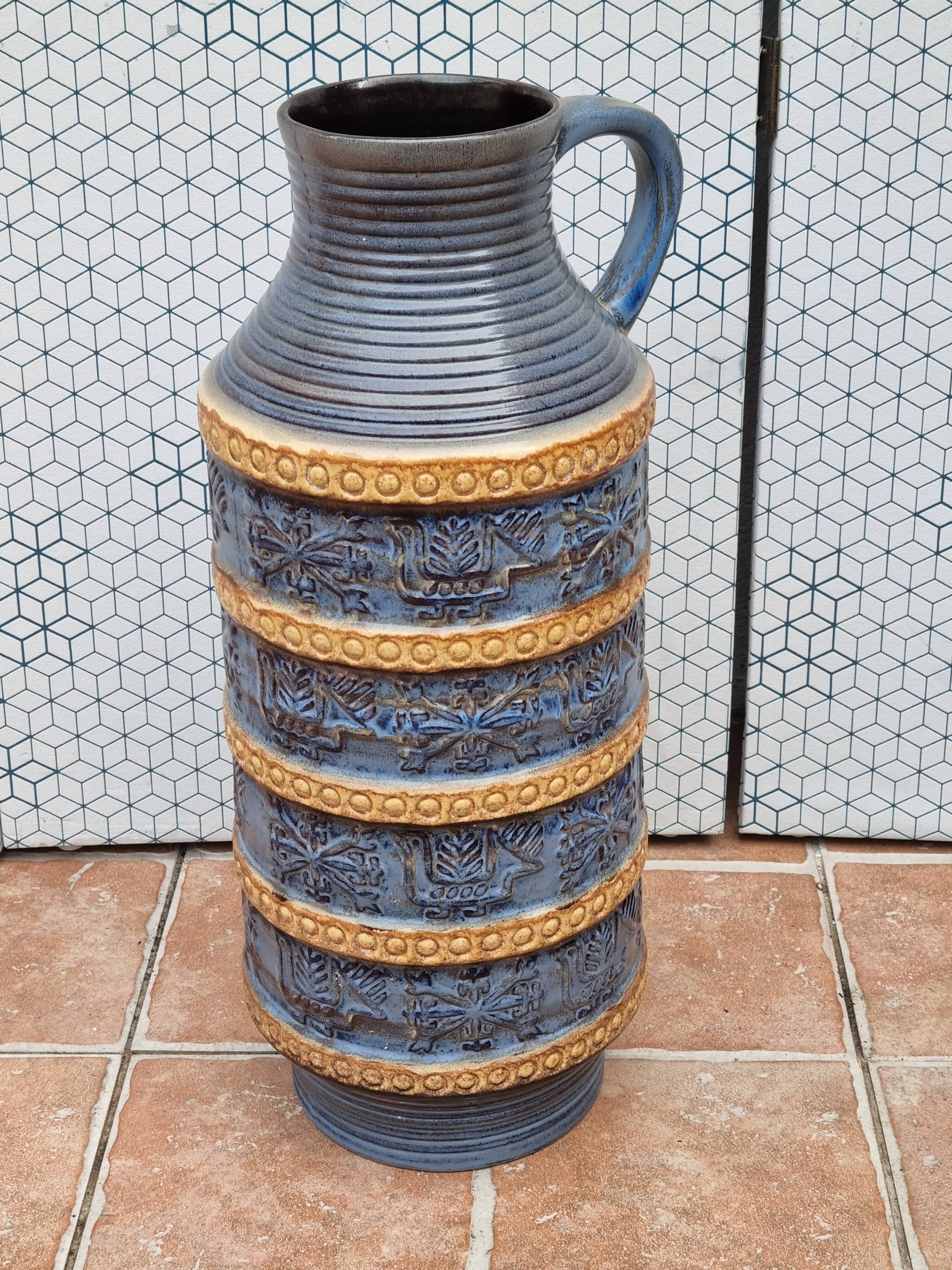 Large Bay Keramik vase in blue and ochre ceramic – West Germany, 47 cm