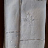 Old white linen tablecloth and stylized monogram embroidery days and plumetis