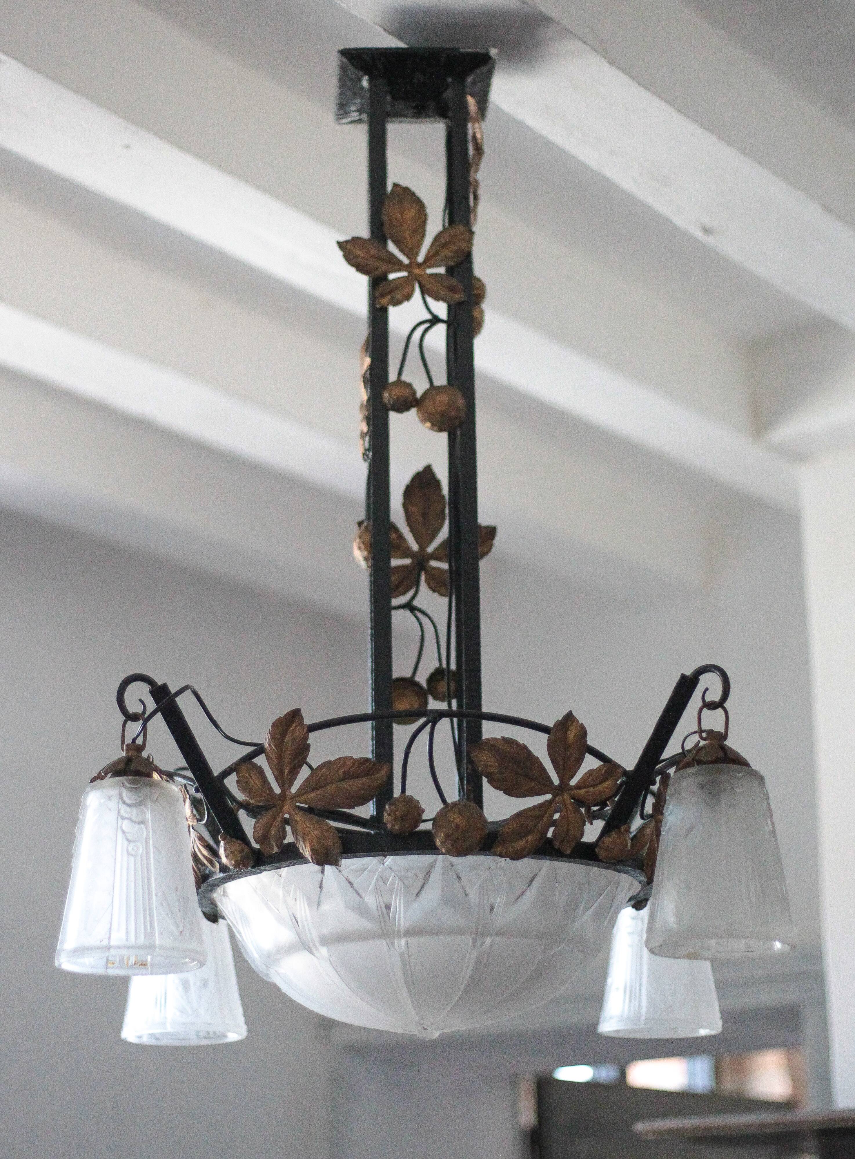 Art Deco wrought iron and glass chandelier Muller Frères Luneville, Art Nouveau