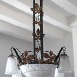 Lustre Art déco en fer forgé et verre Muller Frères Lunéville