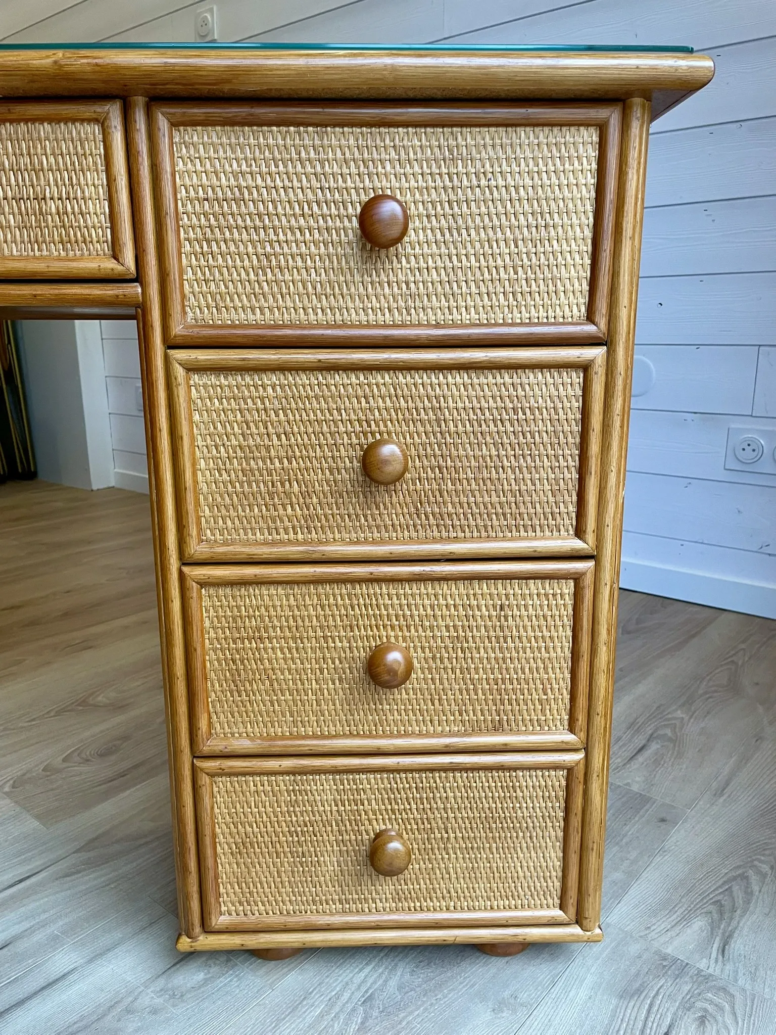 Cane work desk / Rattan glass top 9 drawers shallow depth
