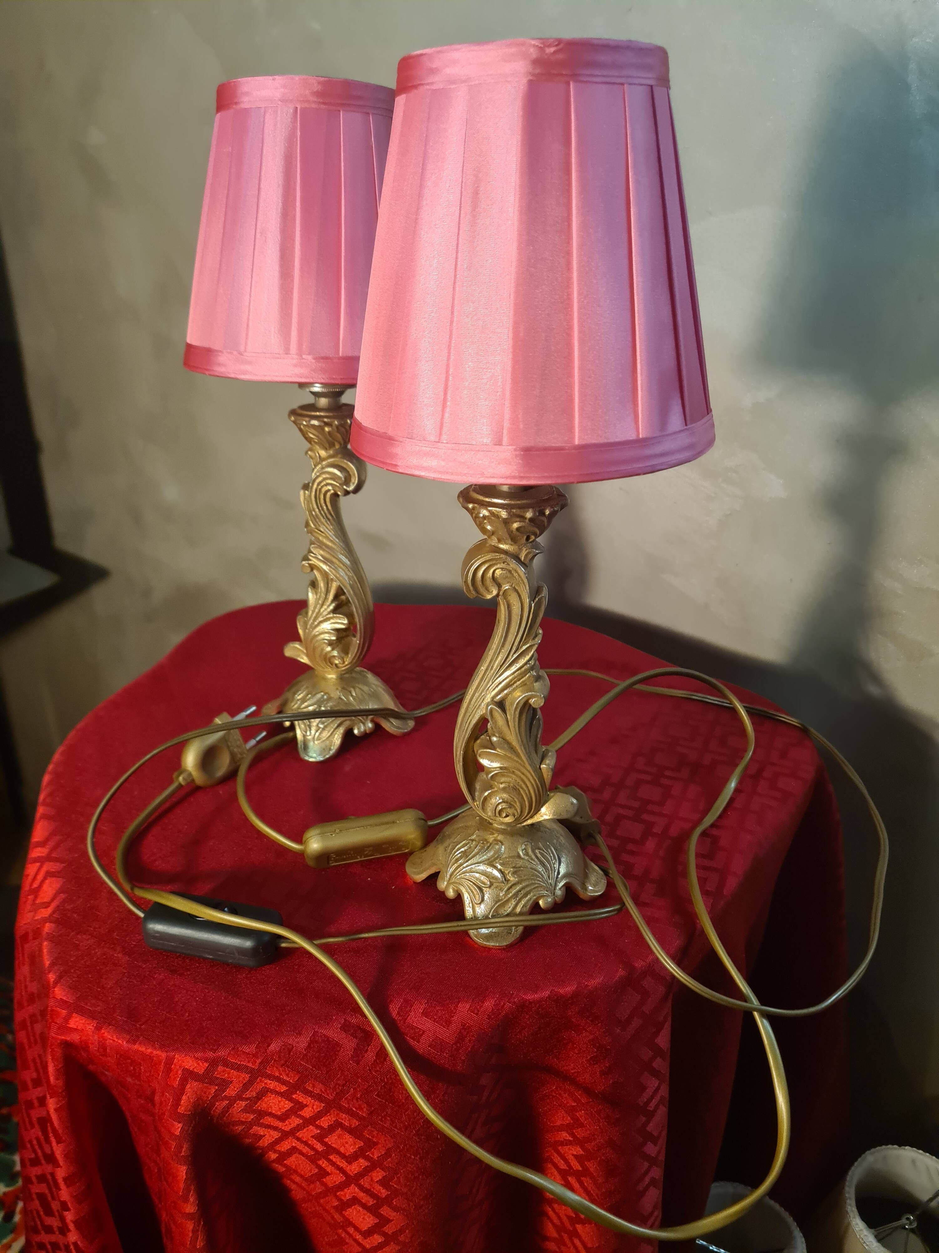 pair of gold steel lamps, bedside, bedroom, new lampshade 35x14, electric ok, clear
