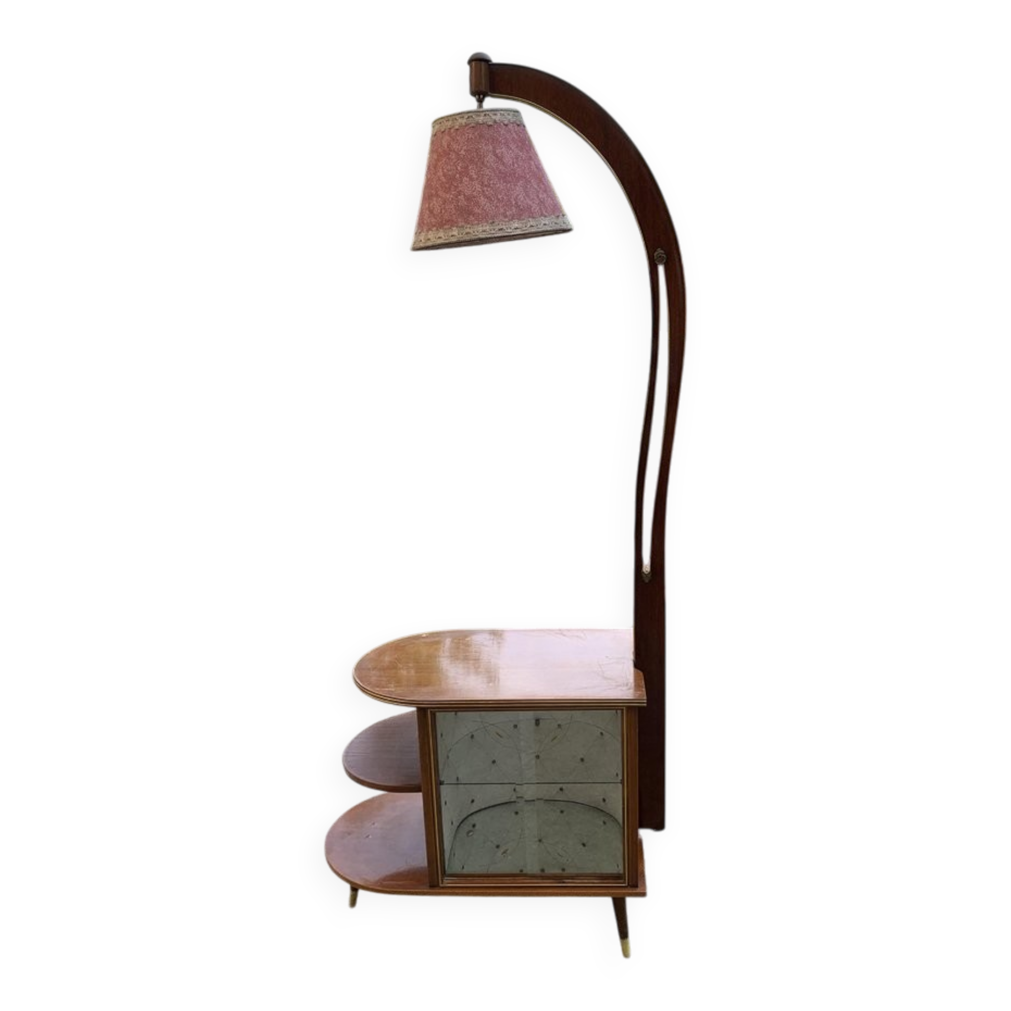 Illuminated bar cabinet in brown walnut Art Deco 1950s with lamp and brass.