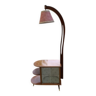 Illuminated bar cabinet in brown walnut Art Deco 1950s with lamp and brass.