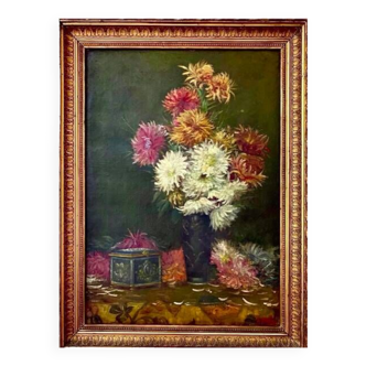 Sublime Oil on canvas "Flowers and jewelry box" signed Ombry 19th