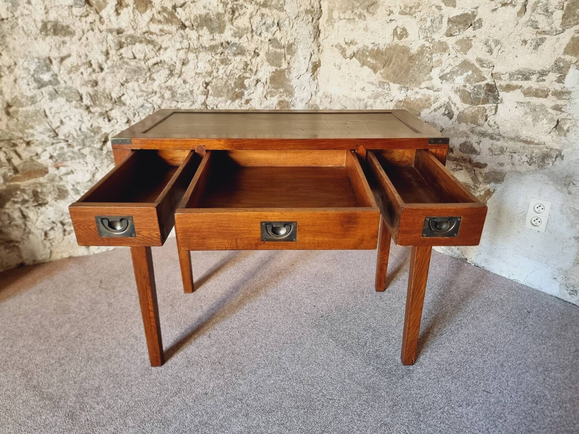 Vintage oak desk – 1970s – Green leather top and 3 drawers