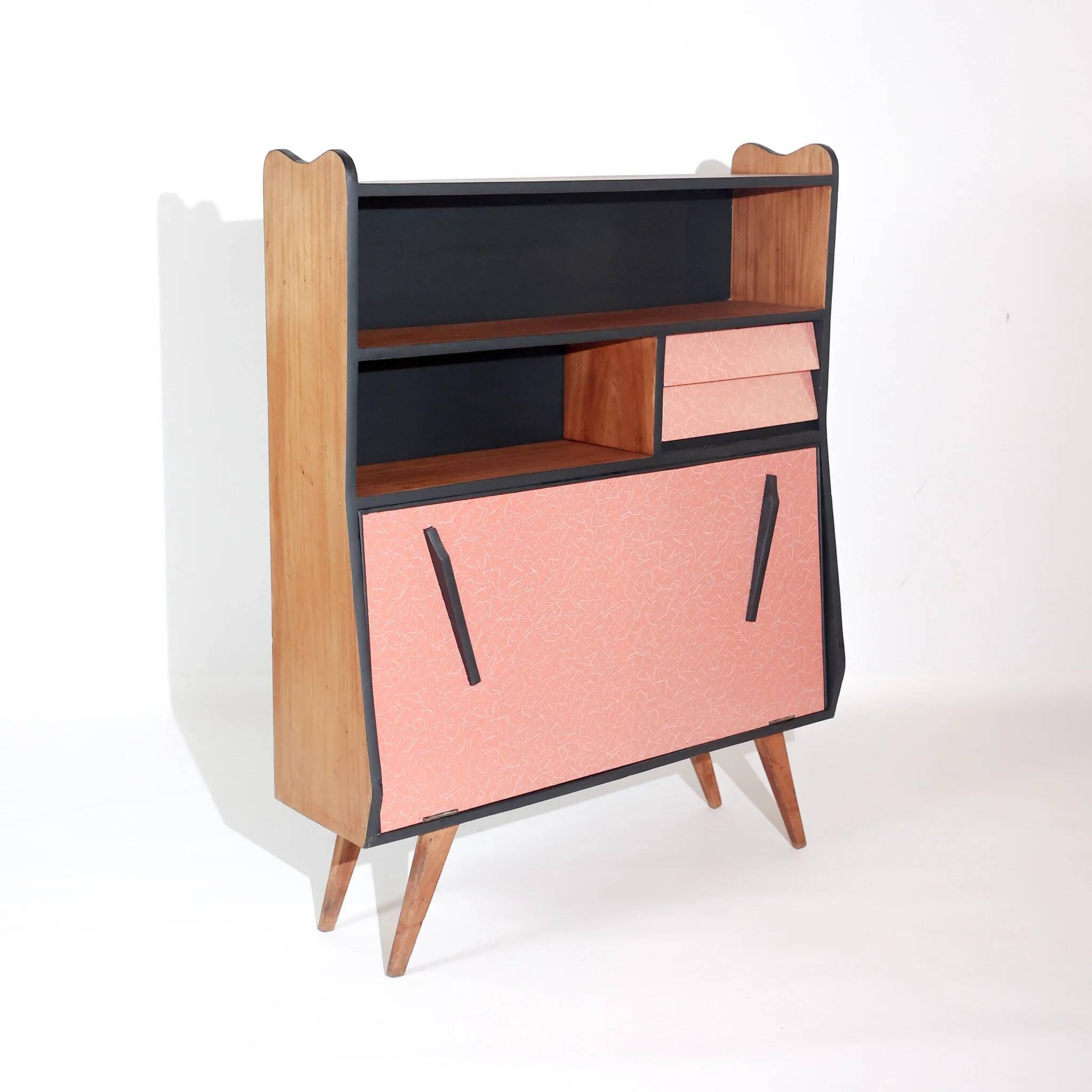 Vintage retro wooden storage furniture with salmon-coral accents and tapered legs, 1950s.