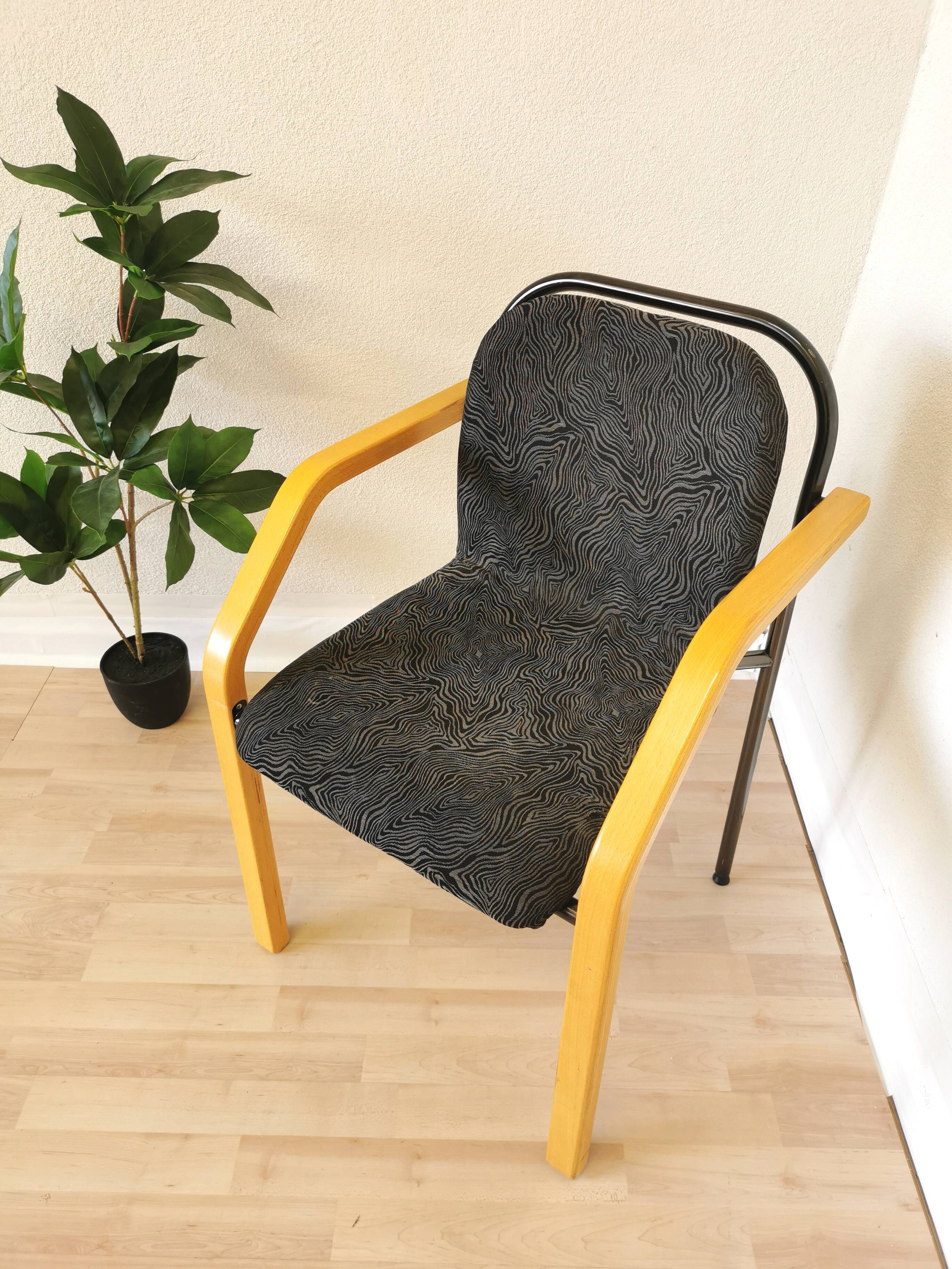 Vintage Beech Wood Dining Chair: 1970s Space Age Black Fabric
