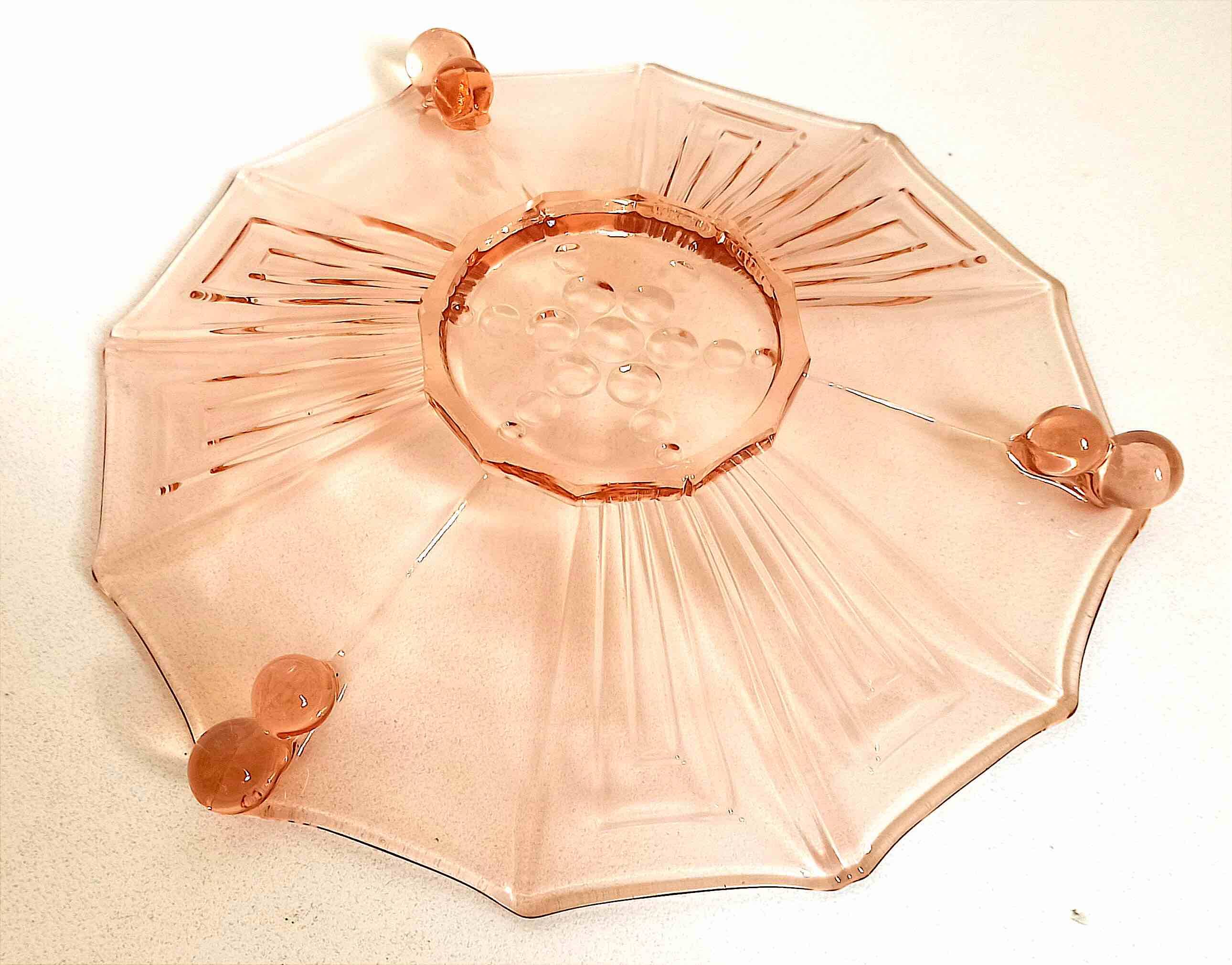Art Deco pressed molded pink glass fruit bowl Diameter 30 cm.