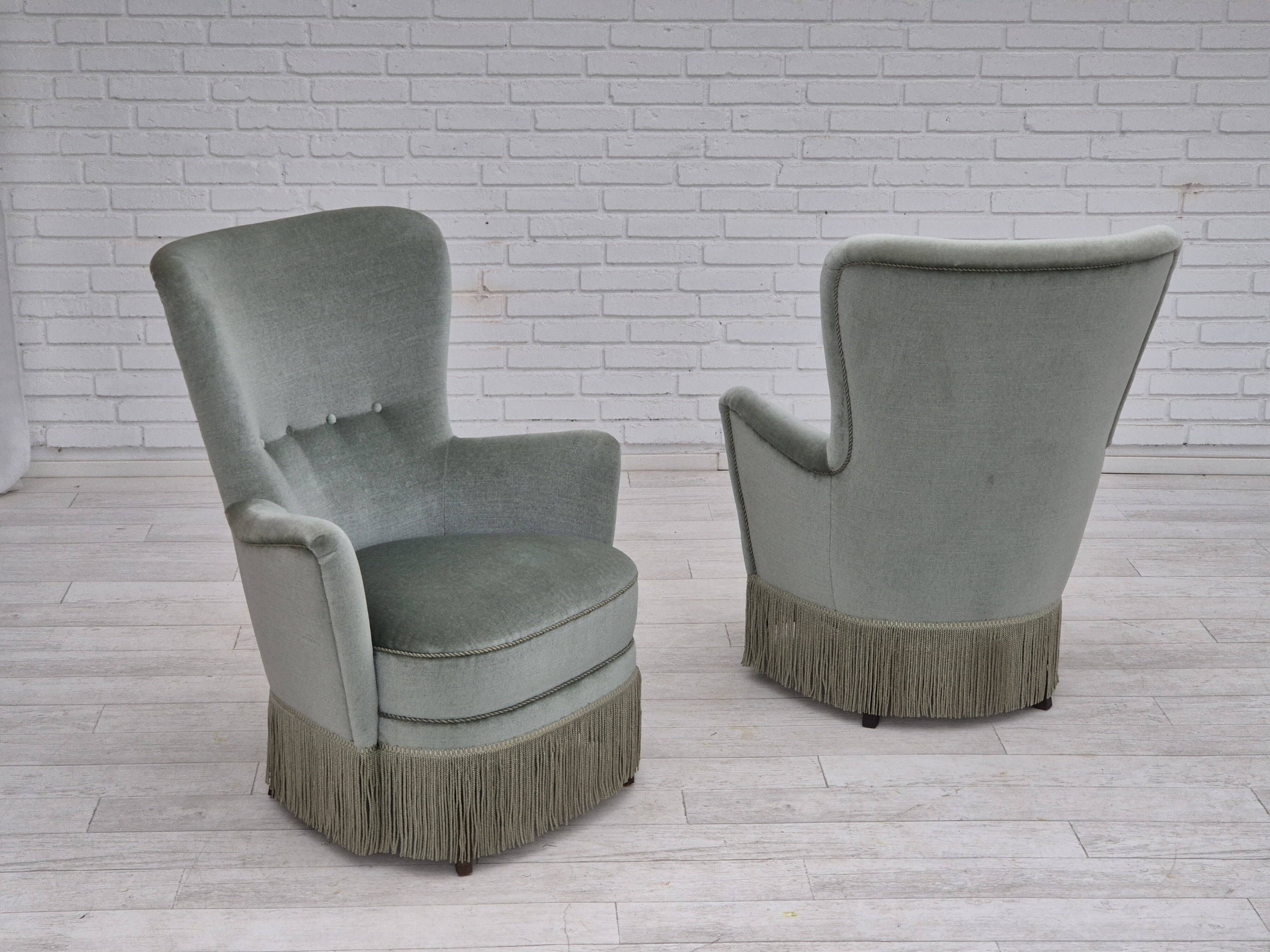 1970s, Danish armchair, original condition, furniture velour, beech wood legs.