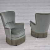 Fauteuil danois des années 1970, état d'origine, tissu d'ameublement velours, pieds en hêtre.