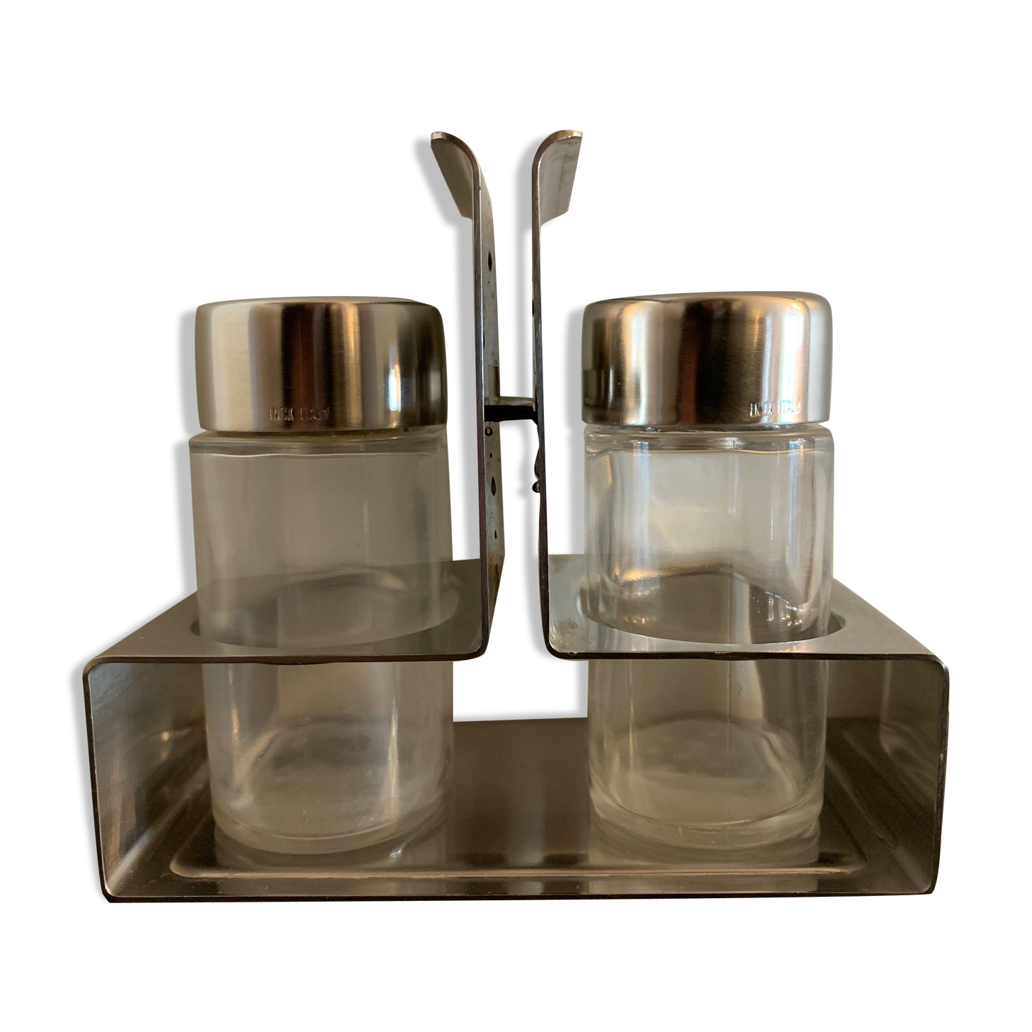 Italian salt and pepper shaker in stainless steel and Alessi glass, 1980