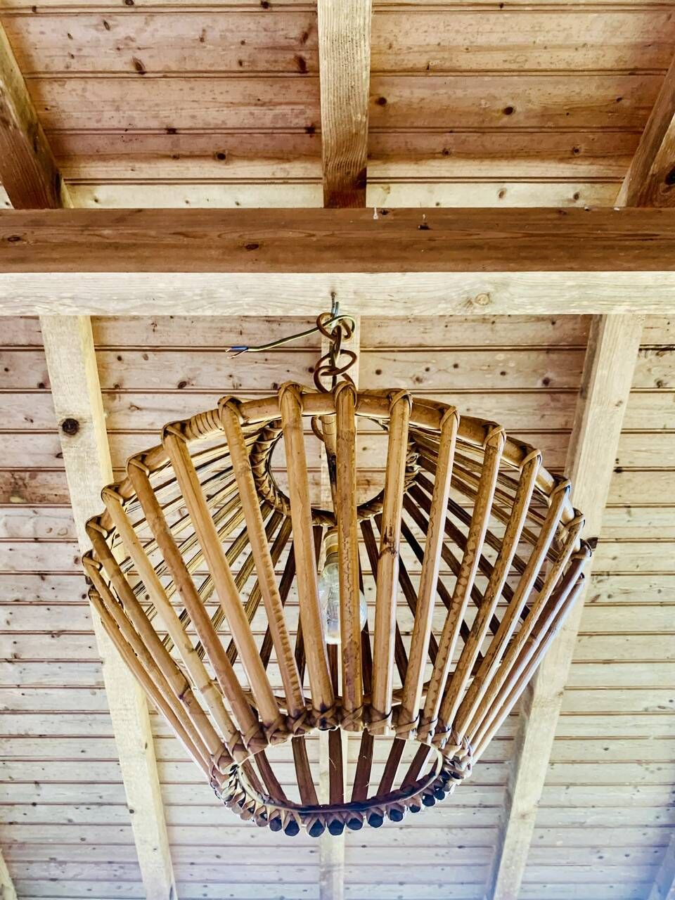 Large vintage pendant light in bamboo and rattan, circa 1960's