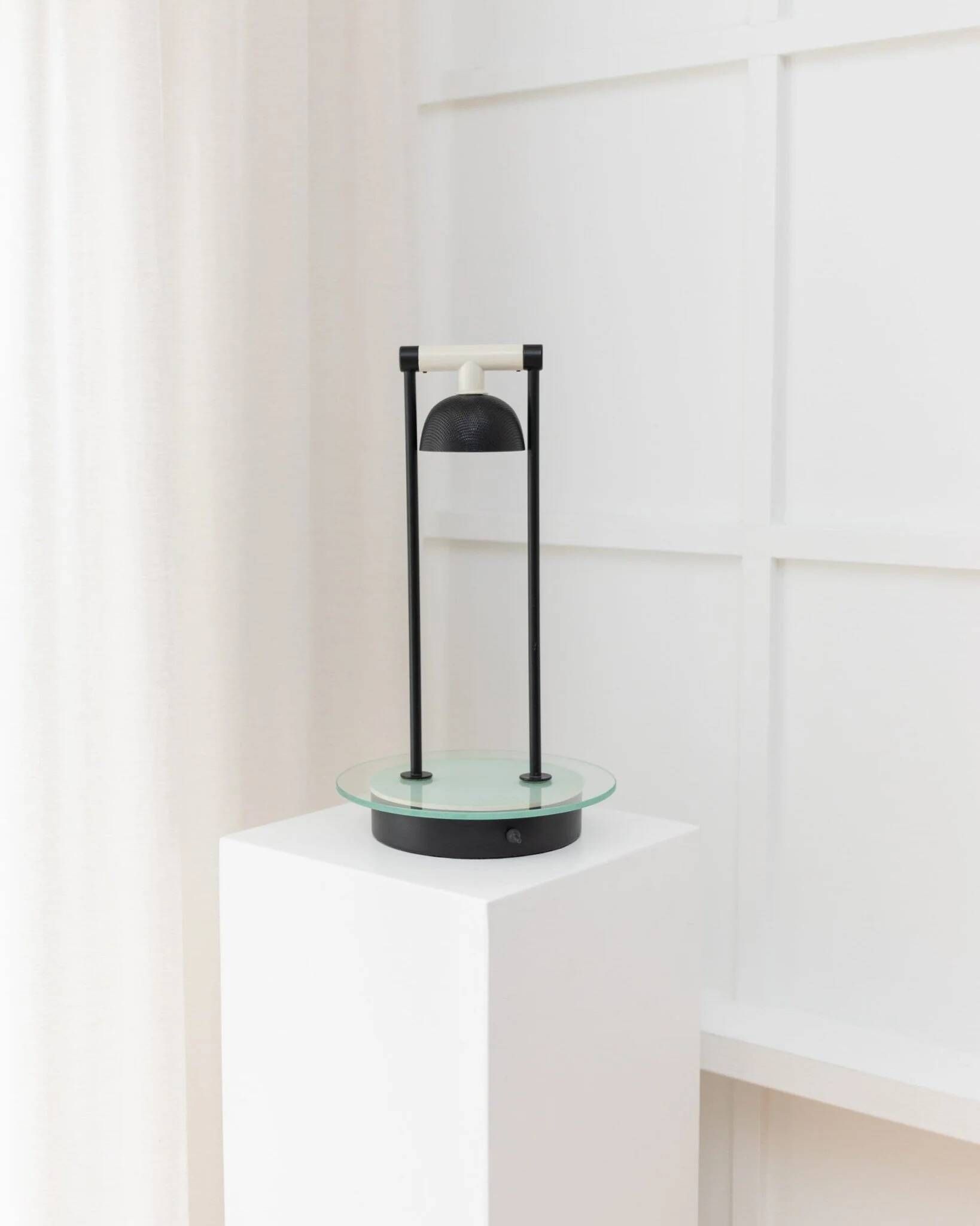 Vintage black metal table lamp with frosted glass disc, Italy, Postmodern Memphis 1980s