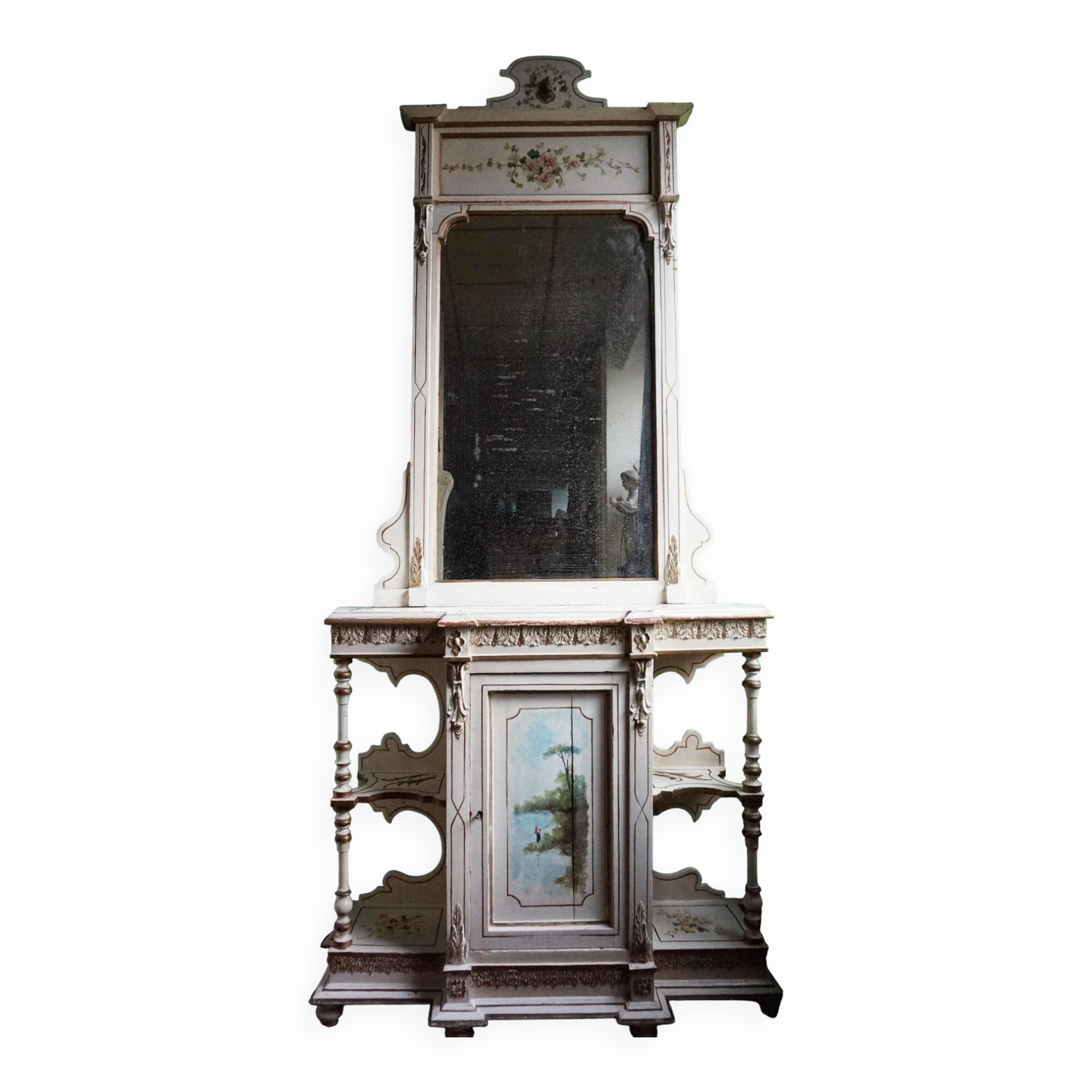 Italian hand-painted Console Table with Mirror and floral painting