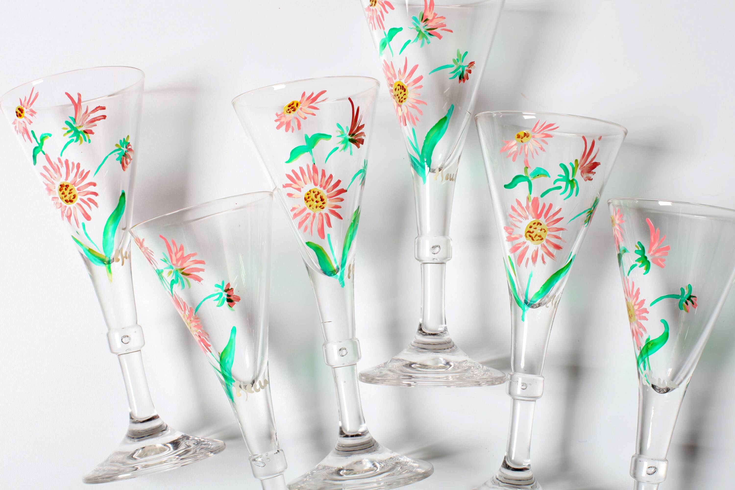Set of 6 Mid-century Rare Floral Design Champagne Flutes / Italy / 1960s