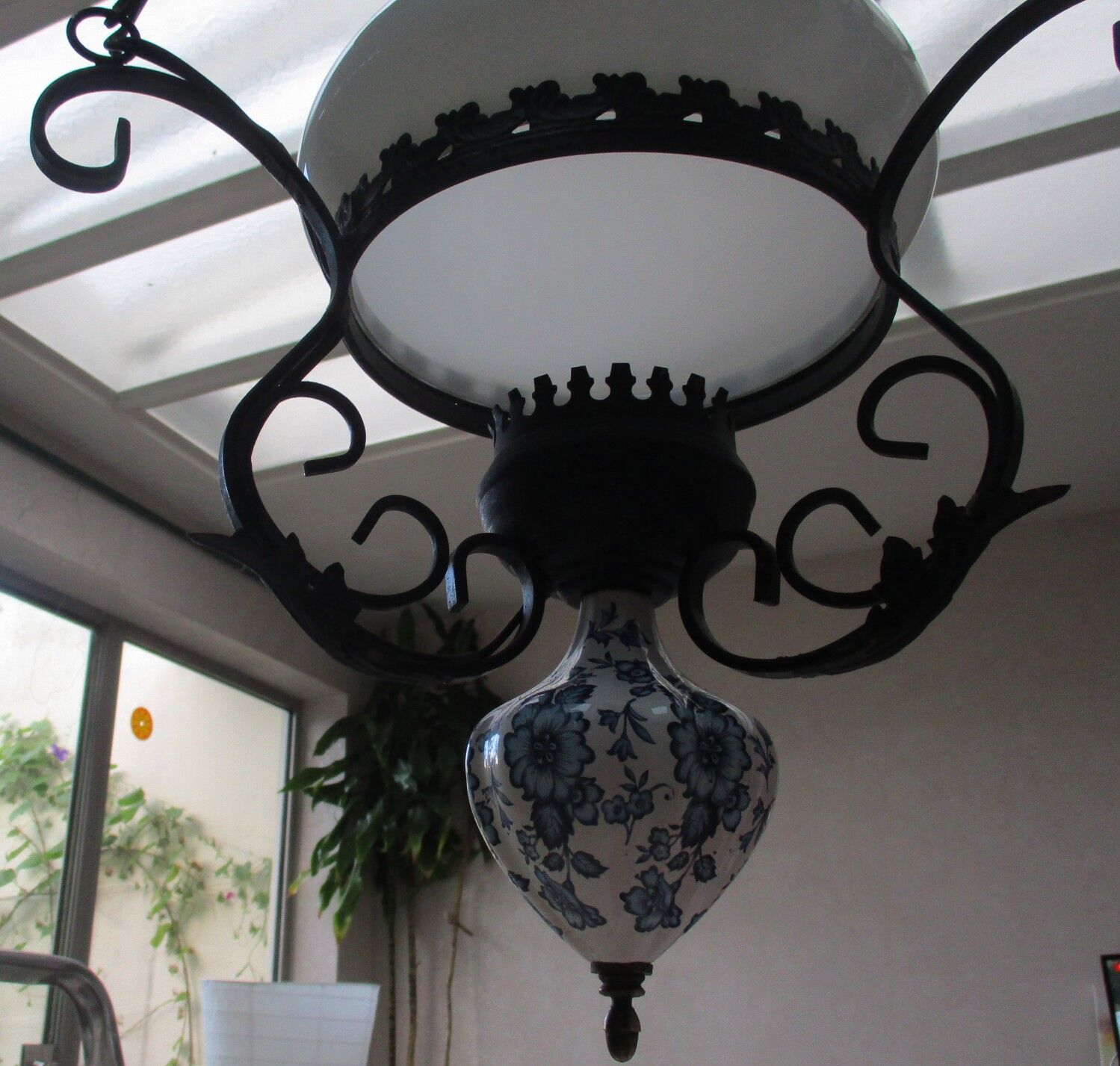 Vintage opaline and ceramic wrought iron chandelier