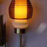 Pair of Scandinavian wall sconces, brass, opal glass and amber glass.