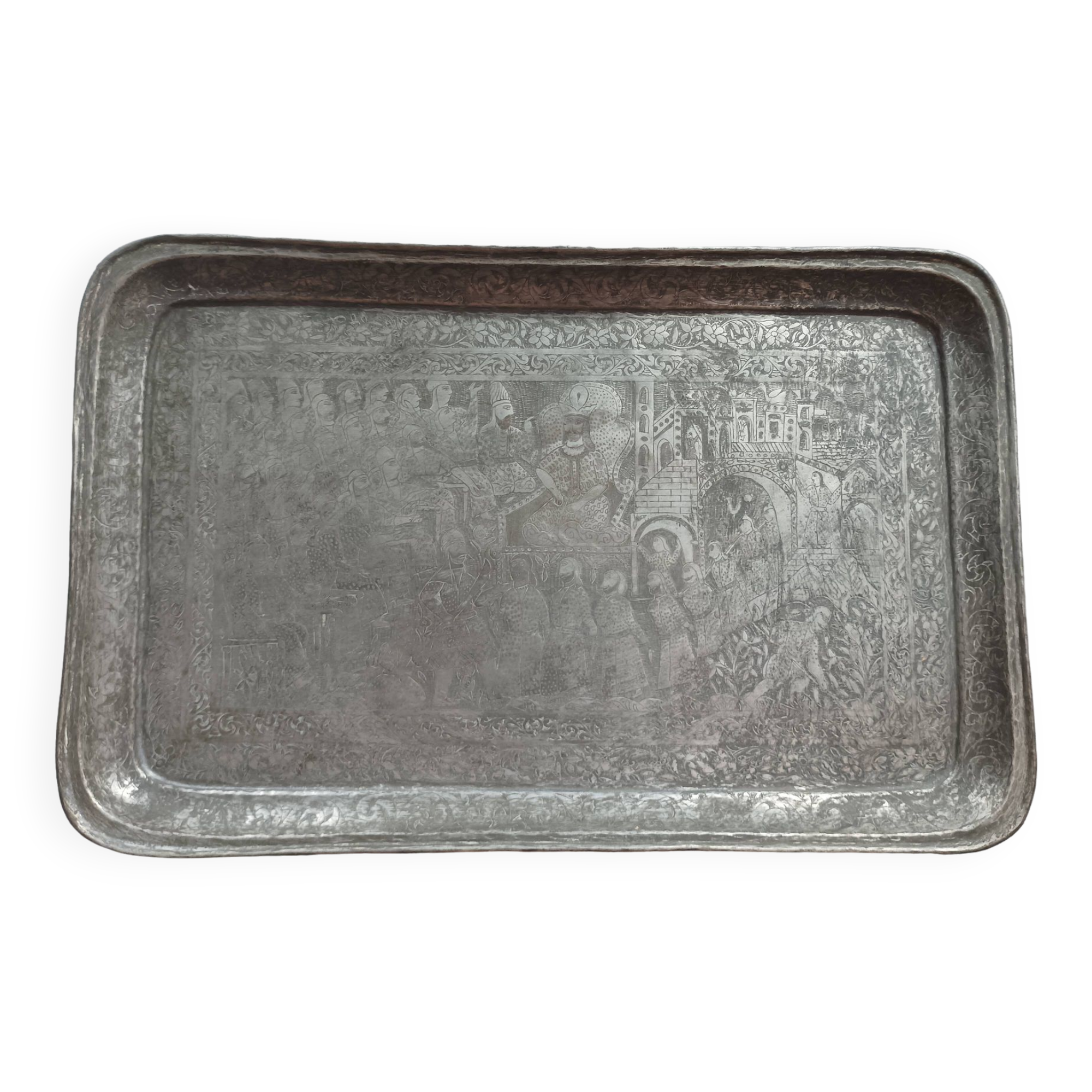 Old Persian tray in silver metal