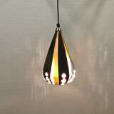 Hanging lamp in thin metal pieces, copper colored and black with prisms.