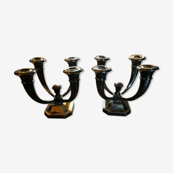 Pair of candlesticks to four light arms Jules Leleu bronze silver 1930