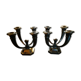 Pair of candlesticks to four light arms Jules Leleu bronze silver 1930