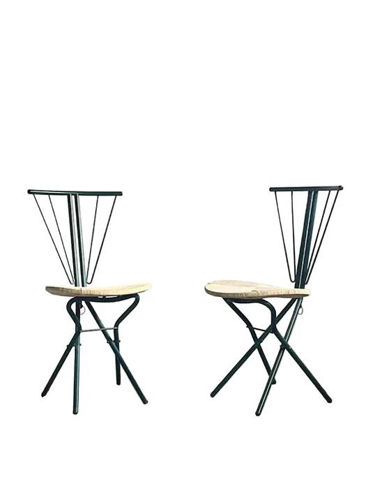 LaPalma folding chairs set of 2, dark green metal & woven cord, Italy, 1970s