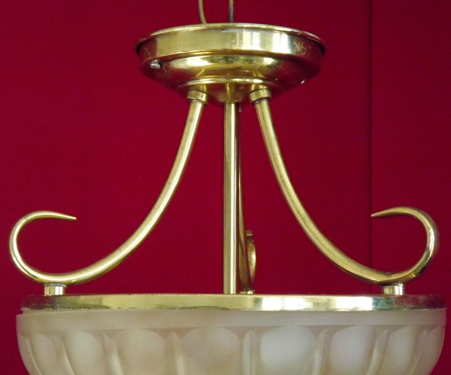 French mid century 3 bulb brass semi flush ceiling light opaque glass shade