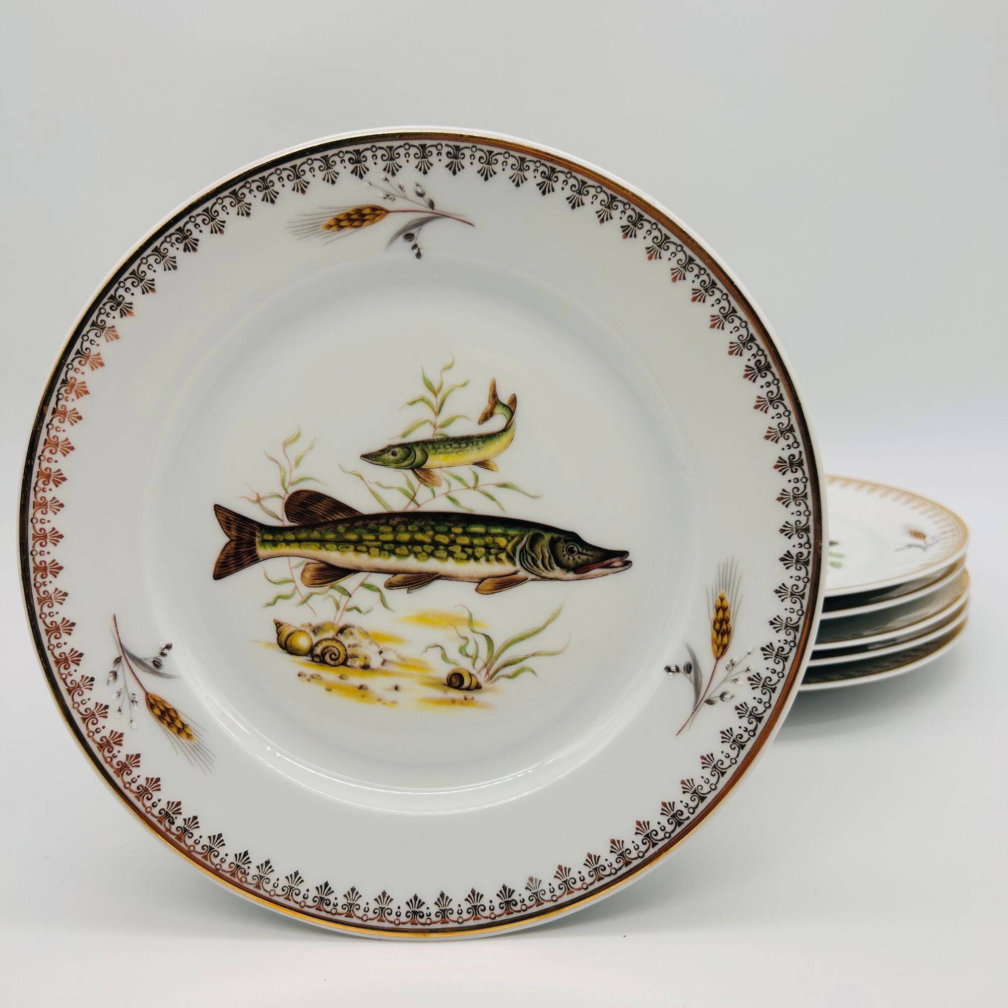 6 Limoges porcelain plates, fish pattern.