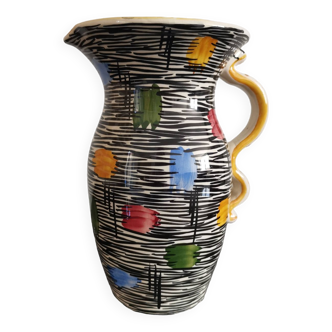 Vintage ceramic pitcher with brightly colored patterns West Germany 118
