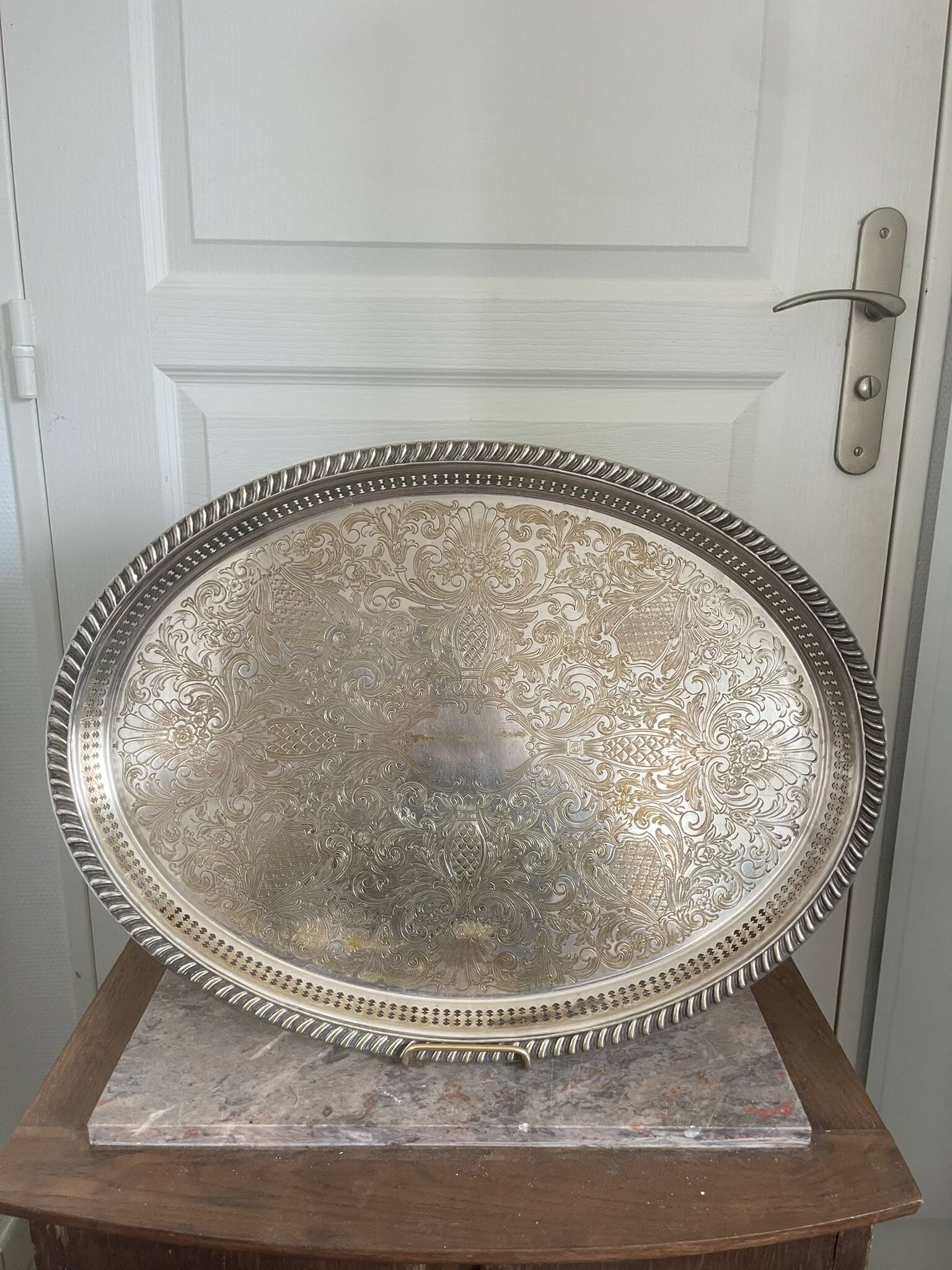 Vintage Silver Metal Tray Floral Rococo Pattern 55x40cm 1970