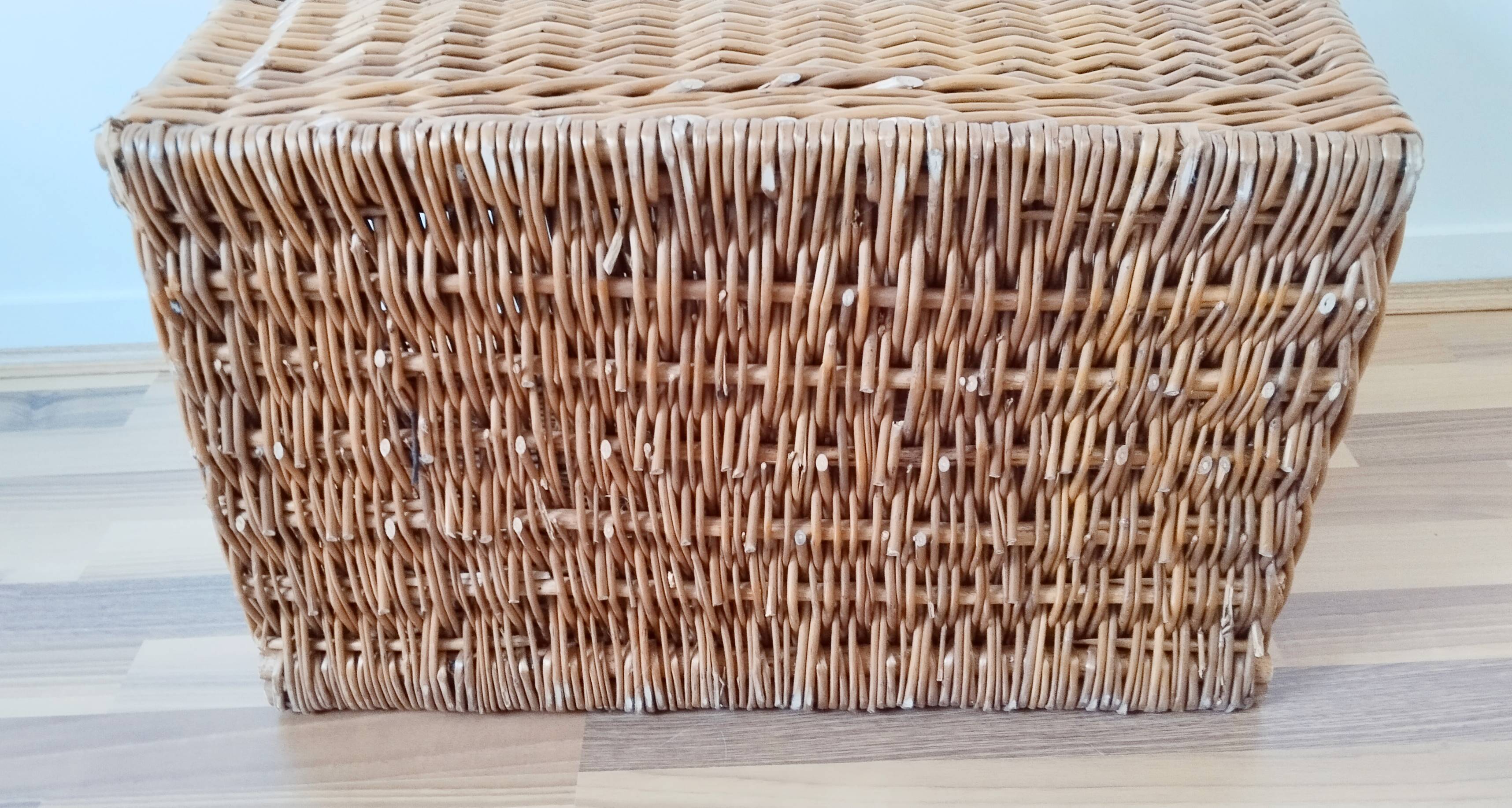 Antique rattan and wicker toy chest, bench, bed end