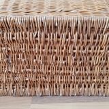 Antique rattan and wicker toy chest, bench, bed end