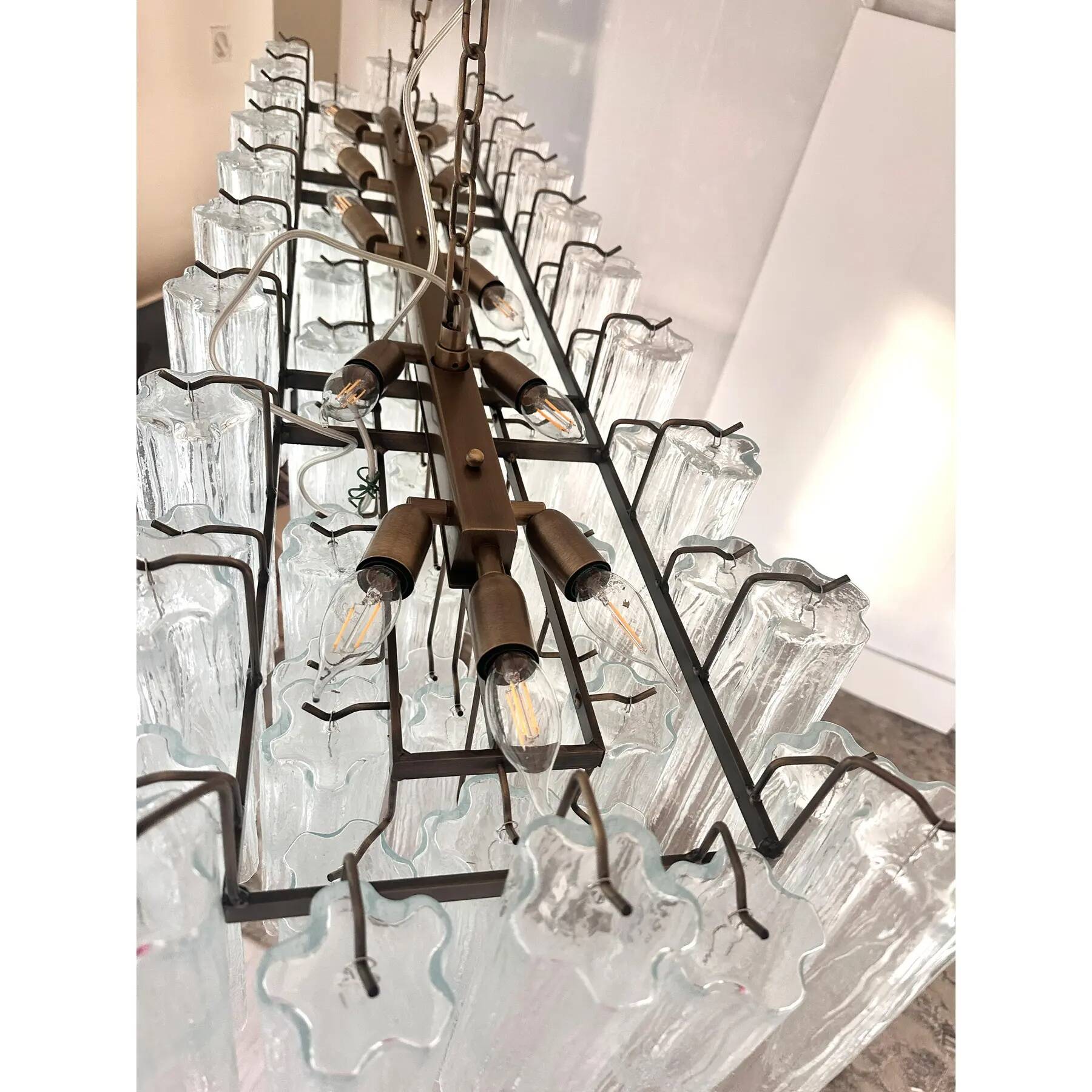 Contemporary Luxury Rectangular "Tronchi" Murano Glass Burnished Chandelier